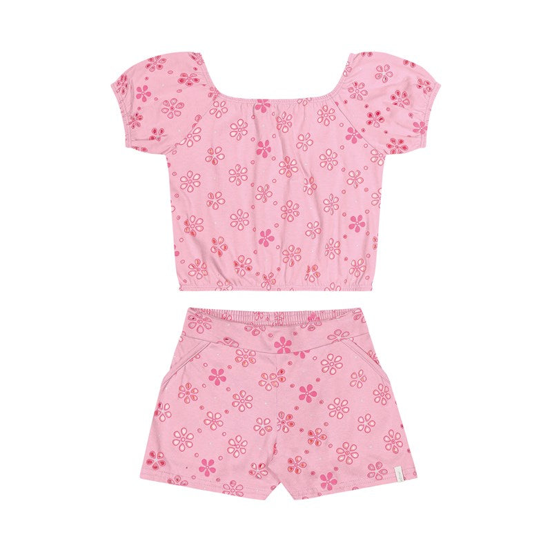 CONJUNTO FEM CROP MC E SHORT LAISE FLORE ROSA