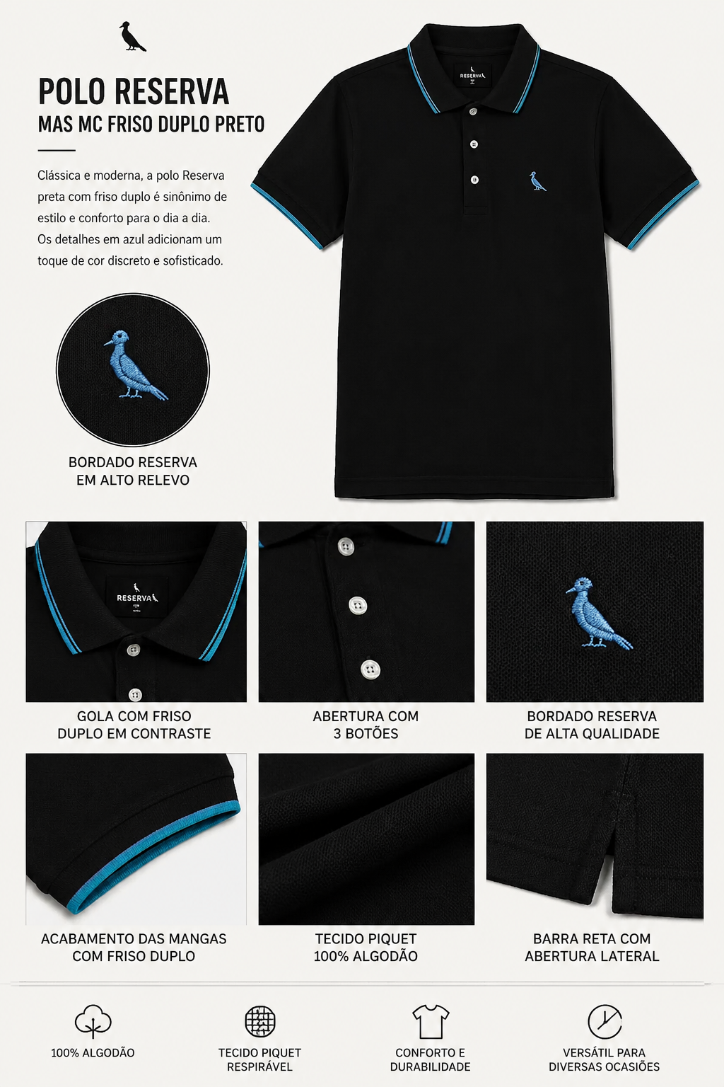 POLO RESERVA MAS MC FRISO DUPLO PRETO