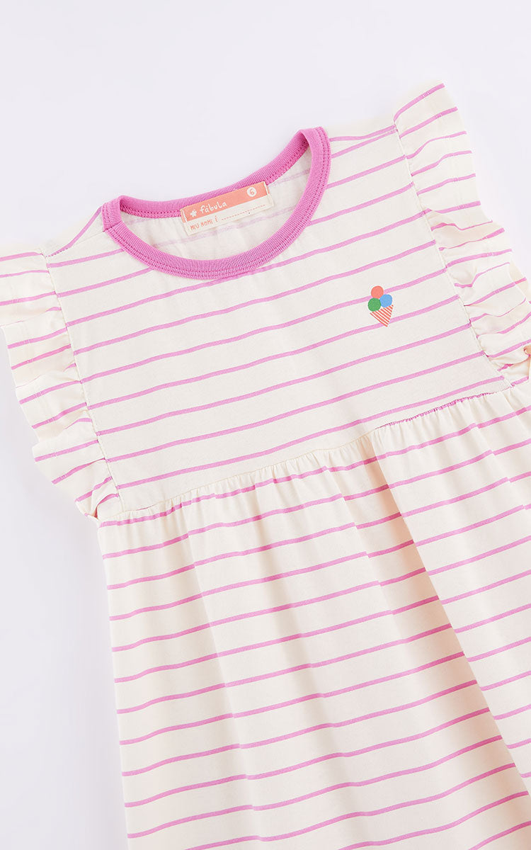 VESTIDO BASICO BABADO LISTRADO FABULA BEGE/ROSA