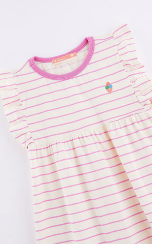 VESTIDO BASICO BABADO LISTRADO FABULA BEGE/ROSA