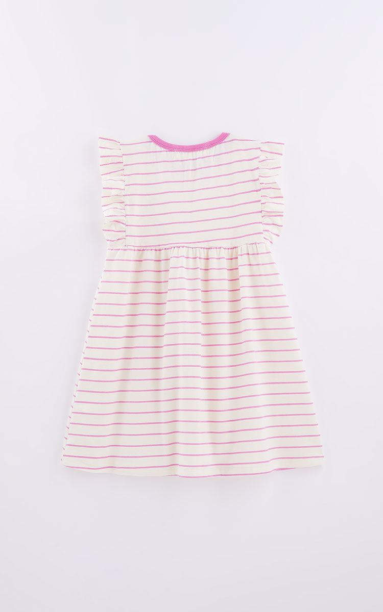VESTIDO BASICO BABADO LISTRADO FABULA BEGE/ROSA