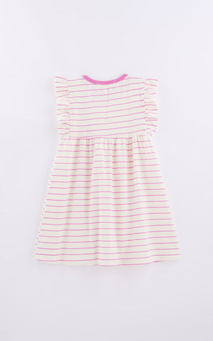 VESTIDO BASICO BABADO LISTRADO FABULA BEGE/ROSA