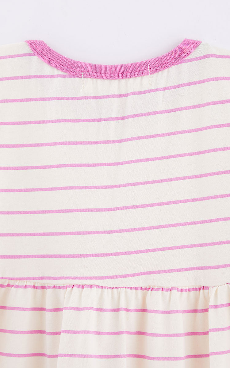 VESTIDO BASICO BABADO LISTRADO FABULA BEGE/ROSA