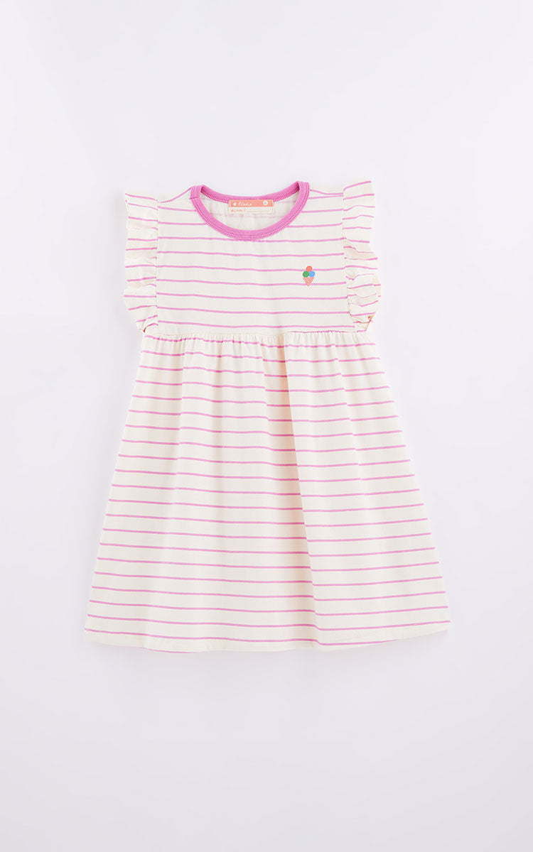 VESTIDO BASICO BABADO LISTRADO FABULA BEGE/ROSA