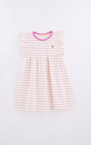 VESTIDO BASICO BABADO LISTRADO FABULA BEGE/ROSA