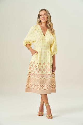VESTIDO MIDI MC TRICOLINE BARRADO BOHO AMARELO