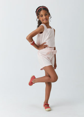 CONJ FEM CROPPED E SHORT DET LACO LINHO ROSA CLARO