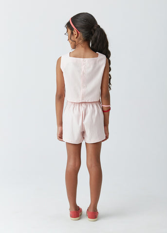 CONJ FEM CROPPED E SHORT DET LACO LINHO ROSA CLARO
