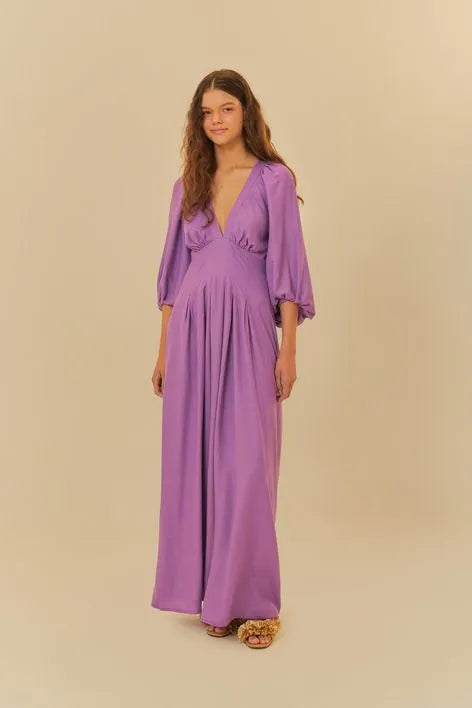 VESTIDO LONGO MANGAS PREGAS LILAS