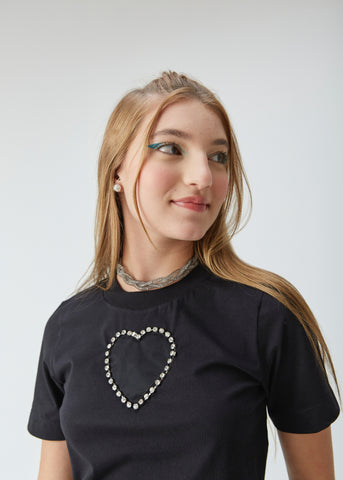 T-SHIRT CROPPED MALHA C BORDADO STRASS PRETO