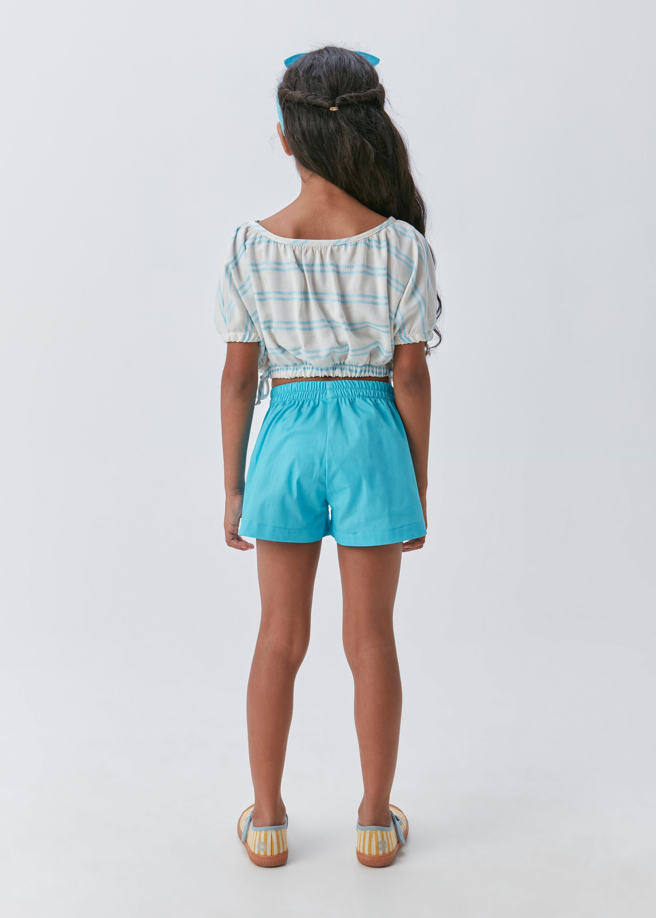 CONJ FEM CROPPED VISC EST E SHORT TRICOL AZUL MEDIO