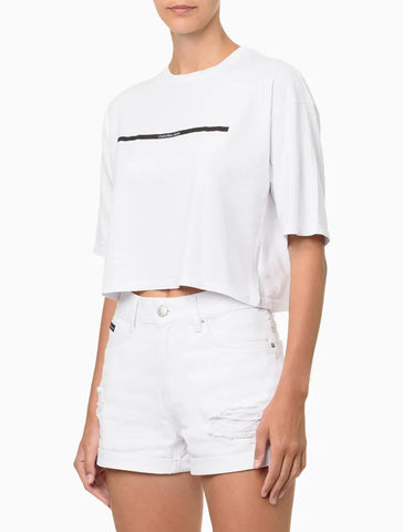 BLUSA CKJ FEM PALITO HORIZONTAL BRANCO