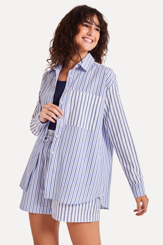 CAMISA ML FEM MIX LISTRAS SIMPLES MARINHO