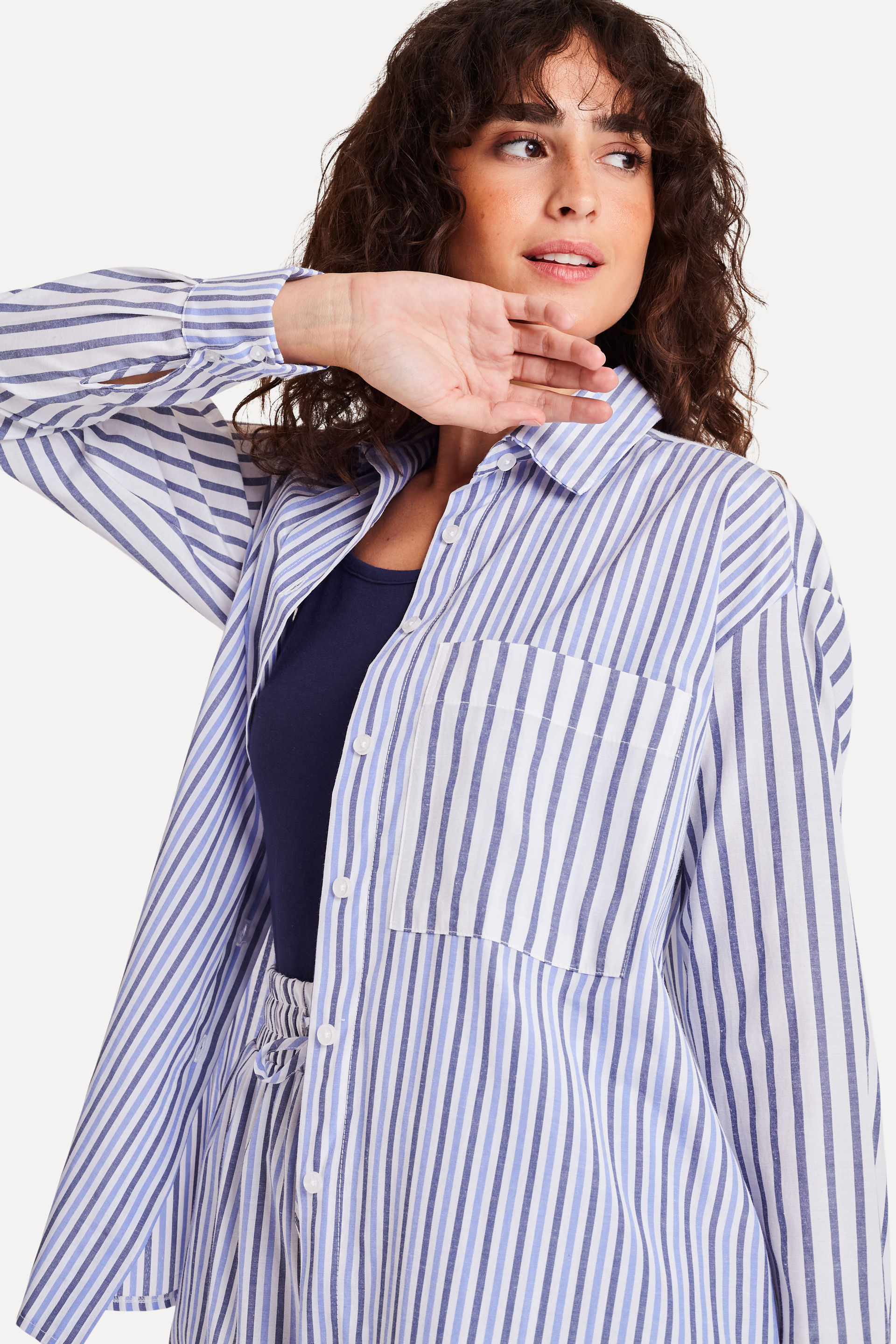 CAMISA ML FEM MIX LISTRAS SIMPLES MARINHO