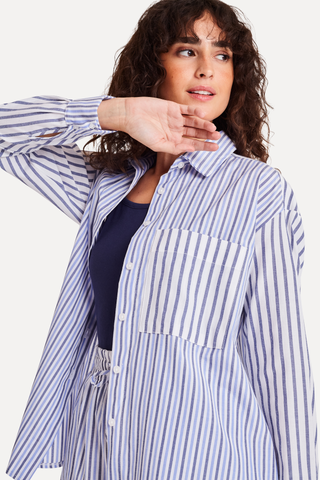 CAMISA ML FEM MIX LISTRAS SIMPLES MARINHO