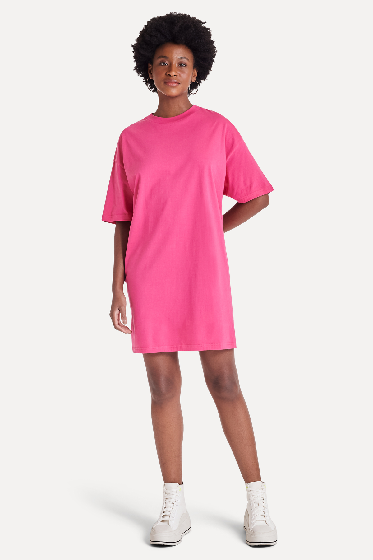 VESTIDO FEM MC T-SHIRT OVERSIZED SIMPLES ROSA PINK