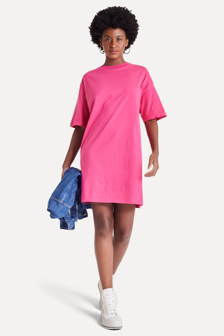 VESTIDO FEM MC T-SHIRT OVERSIZED SIMPLES ROSA PINK