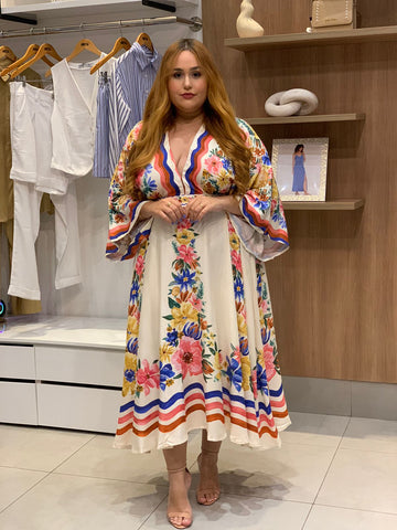 VESTIDO MIDI LENCO FLORALINE FARM OFF WHITE