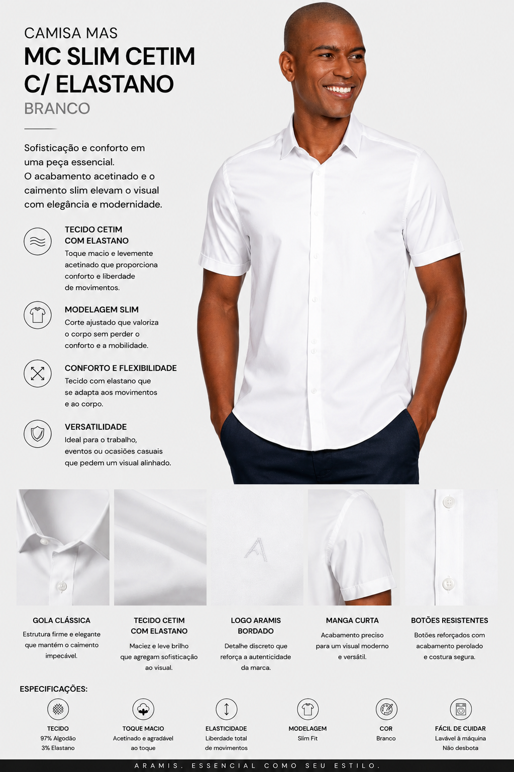CAMISA MAS MC SLIM CETIM C ELASTANO BRANCO