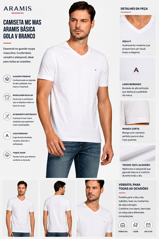 CAMISETA MC MAS ARAMIS BASICA GOLA V BRANCO