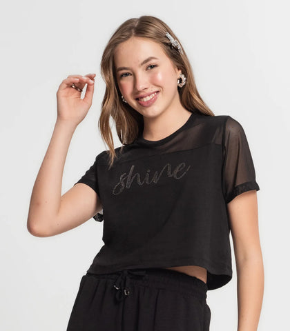 BLUSA FEM MC EST SHINE TULE MEIA MALHA PRETO