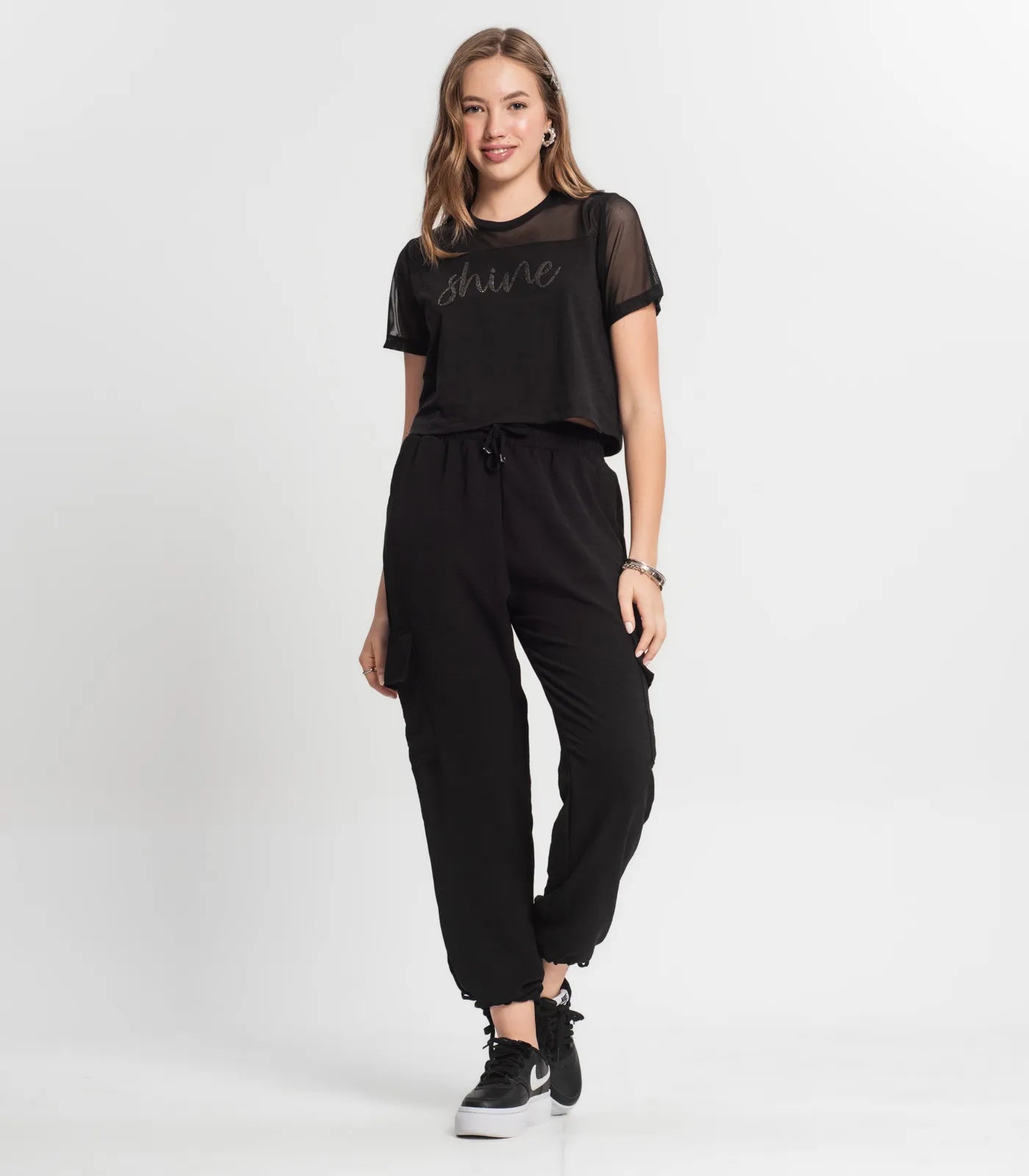 BLUSA FEM MC EST SHINE TULE MEIA MALHA PRETO