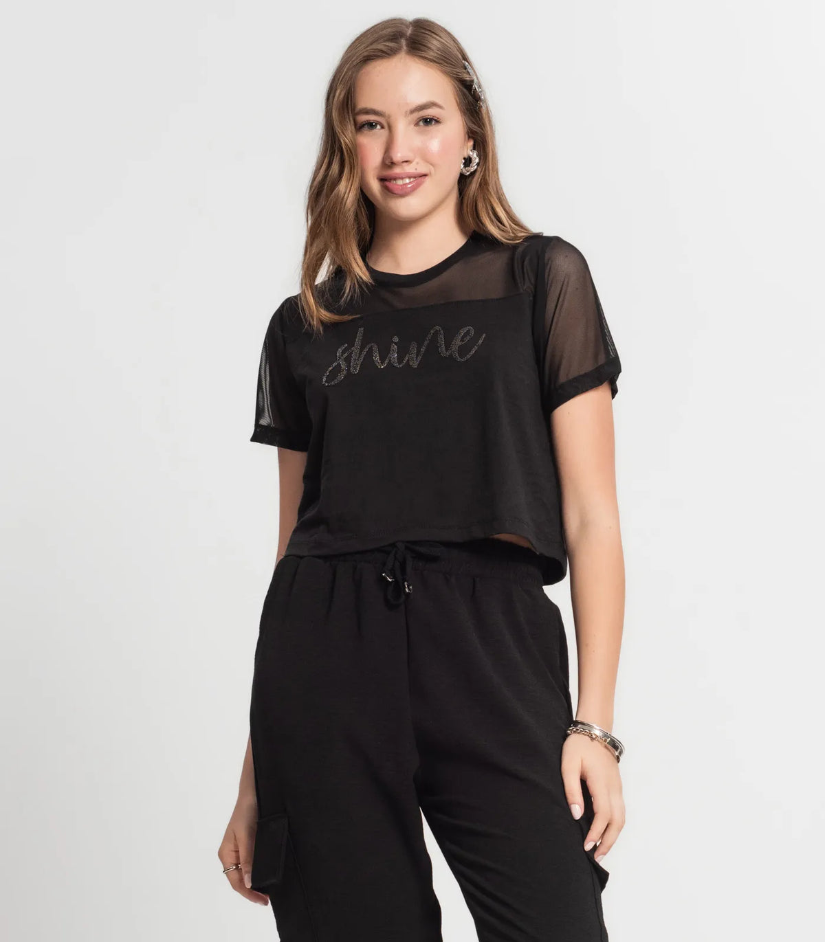 BLUSA FEM MC EST SHINE TULE MEIA MALHA PRETO