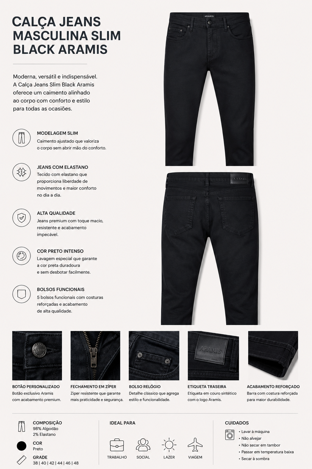 CALCA JEANS MAS SLIM BLACK ARAMIS PRETO