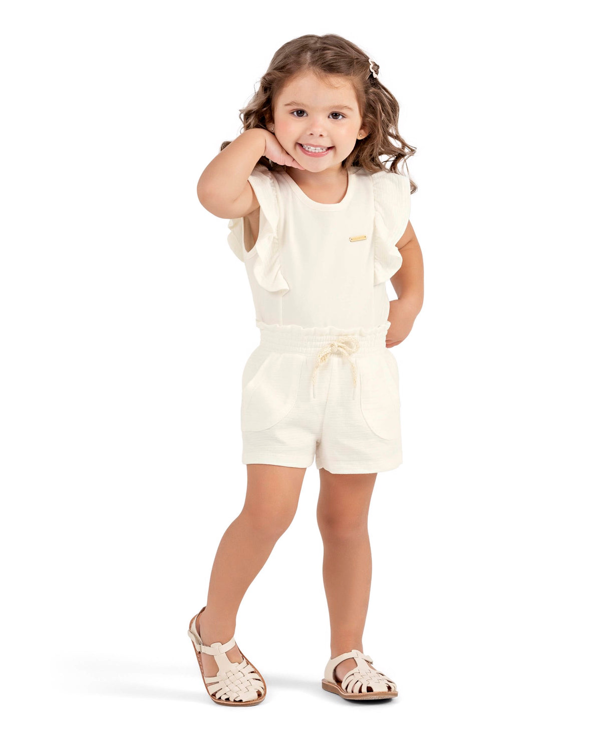 CONJ FEM BL MC DET BAB E SHORT TEXTUR OFF WHITE