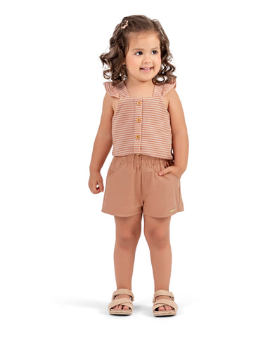 CONJ FEM REG MALHA CROCHE E SHORT SARJA KHAKI CLARO