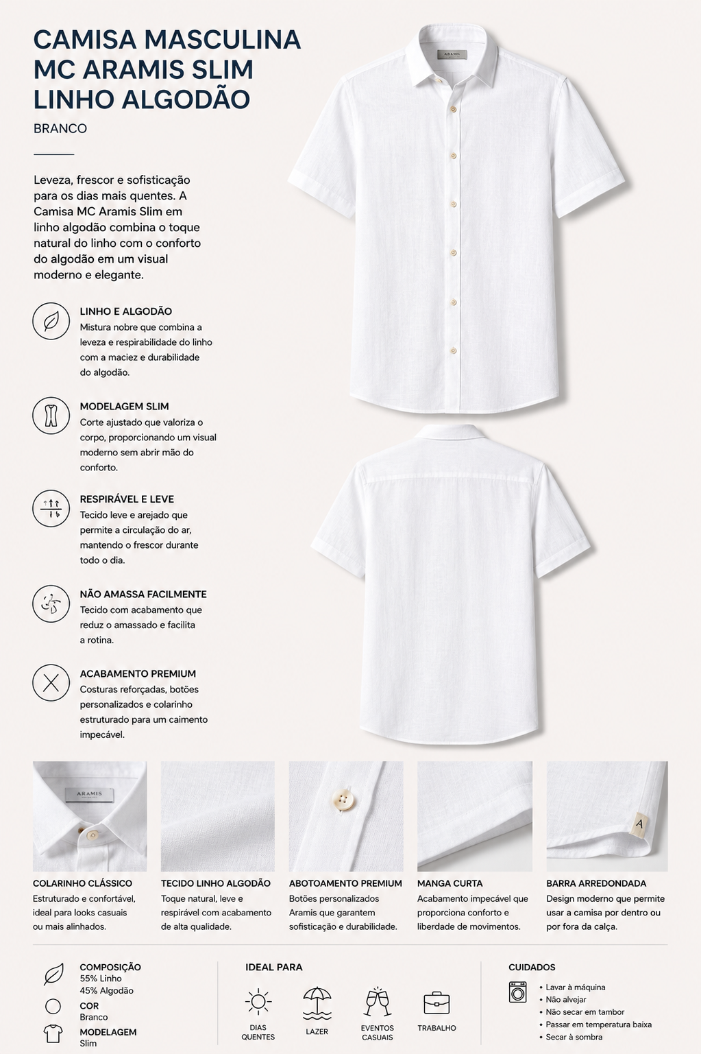 CAMISA MAS MC ARAMIS SLIM LINHO ALGODAO BRANCO