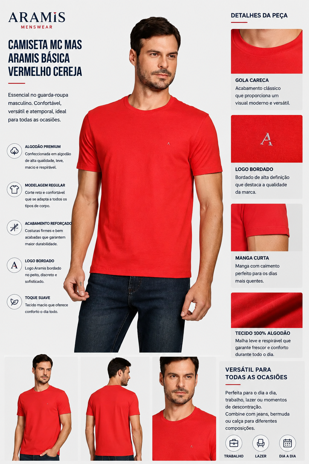 CAMISETA MC MAS ARAMIS BASICA VERMELHO CEREJA