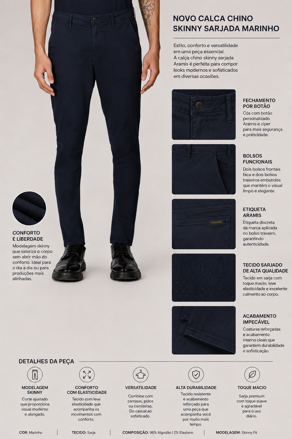 NOVO CALCA CHINO SKINNY SARJADA MARINHO