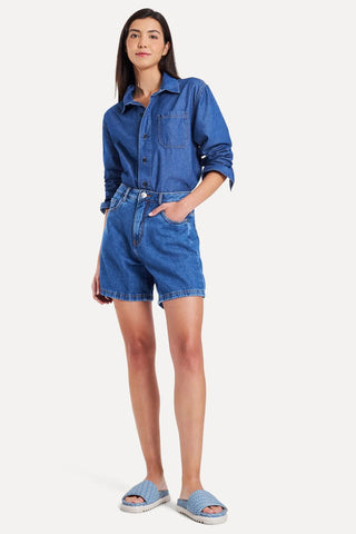 SHORTS JEANS FEM 5 POCKETS SIMPLES AZUL MEDIO