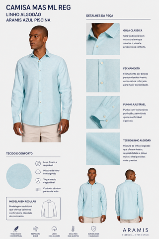 CAMISA MAS ML REG LINHO ALGODAO ARAMIS AZUL PISCINA