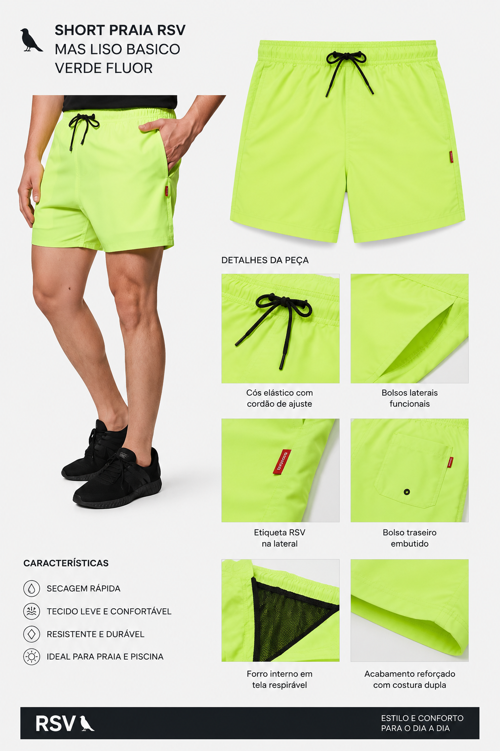 SHORT PRAIA RSV MAS LISO BASICO VERDE FLUOR