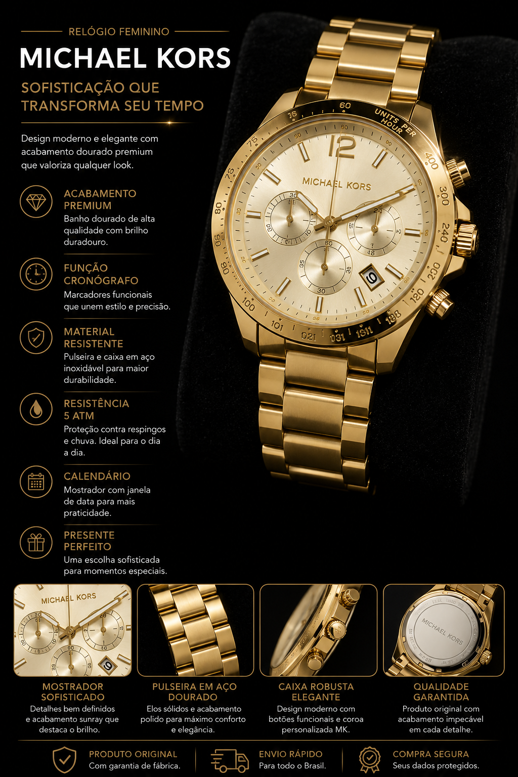 RELOGIO FEM PULS ACO DOUR MK DOURADO