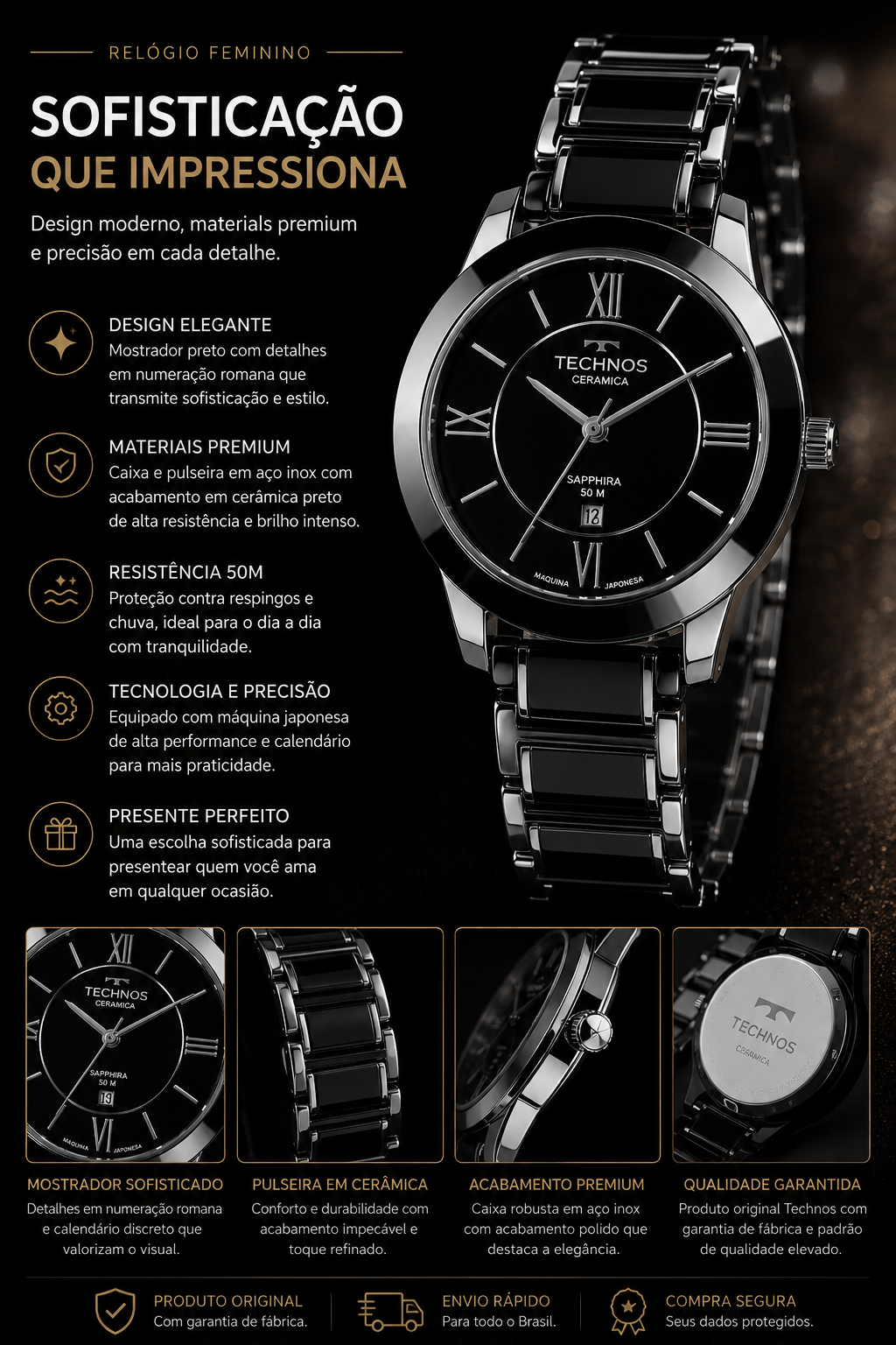 RELOGIO FEM PULSO E PULSEIRA ACO CERAMIC PRETO