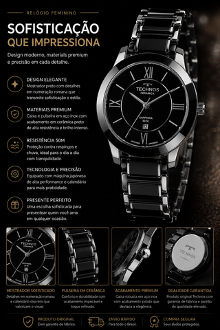 RELOGIO FEM PULSO E PULSEIRA ACO CERAMIC PRETO