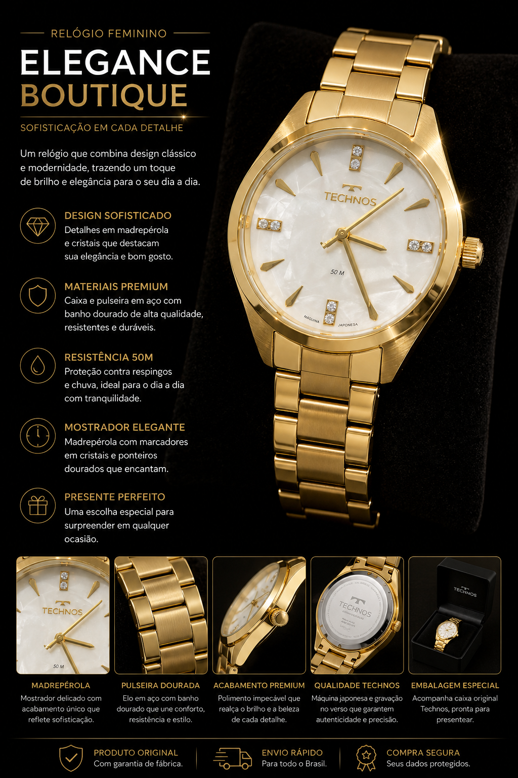 RELOGIO FEM ELEGANCE BOUTIQUE CX E PULS DOURADO