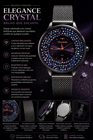 RELOGIO FEM ELEGANCE CRYSTAL CX E PULS P PRETO