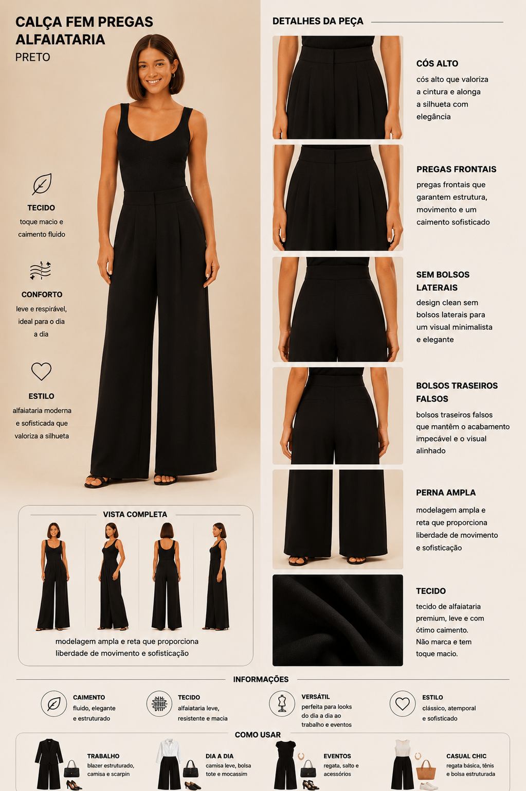CALCA FEM PREGAS BOLSO ALFAIATARIA PRETO