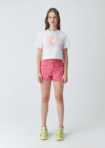 T-SHIRT FEM CROPPED MALHA ALG EST FLOR BRANCO