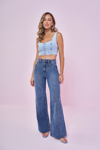 CALCA JEANS FEM WIDE LEG JEANS ESCURO