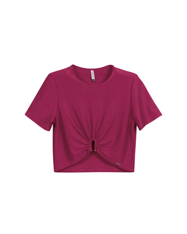 BLUSA FEM MC CURTA EM CANELADO DE BRILHO ROSA PINK