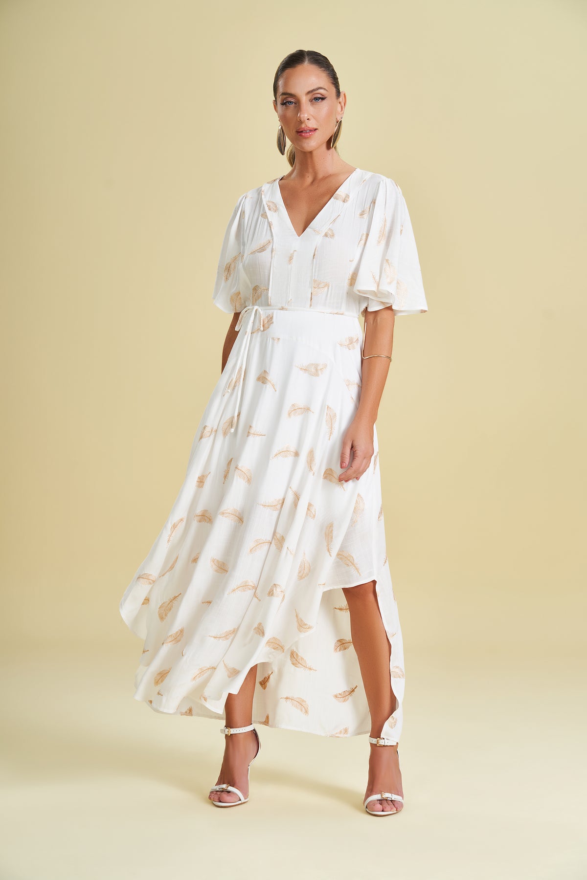 VESTIDO LONGO MC PLANO VISCOSE PLUMAS OFF WHITE