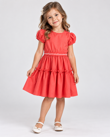 VESTIDO EM TRICOLONE COM FAIXA VERMELHO