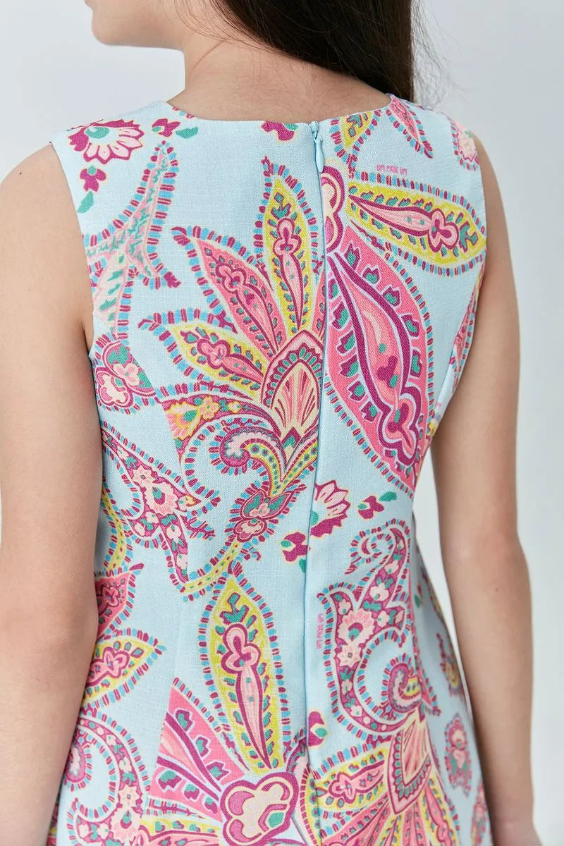 VESTIDO EM LINHO ESTAMPADO AZUL CLARO