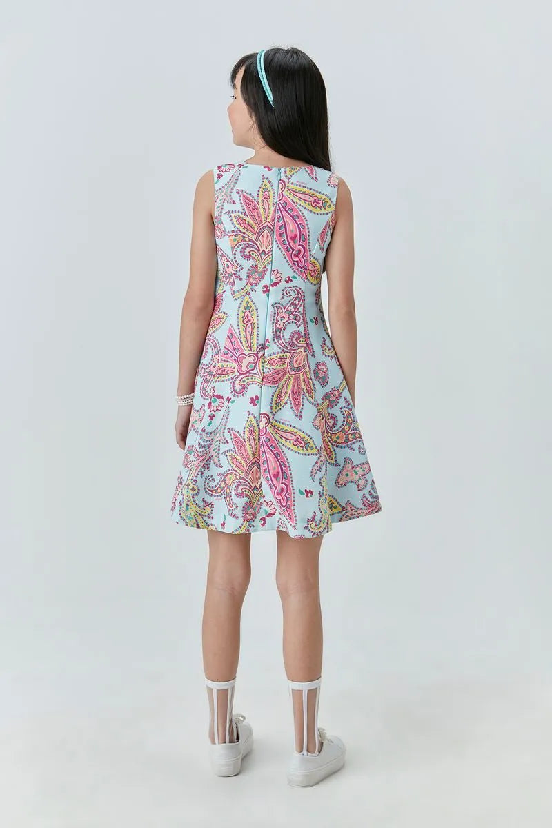 VESTIDO EM LINHO ESTAMPADO AZUL CLARO