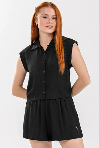 CONJ FEM JUV CAMISA E SHORT SARJADO PRETO